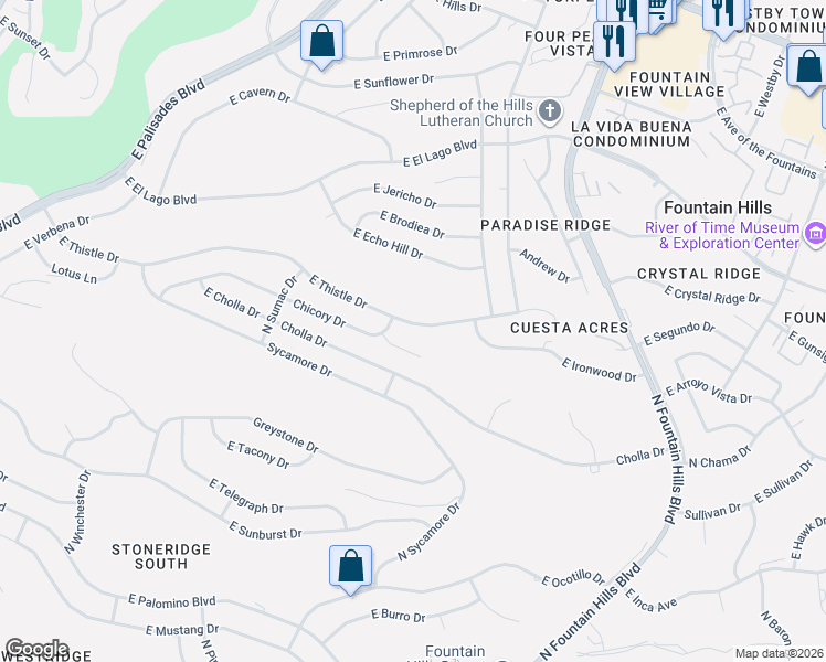 map of restaurants, bars, coffee shops, grocery stores, and more near 15909 East Thistle Drive in Fountain Hills