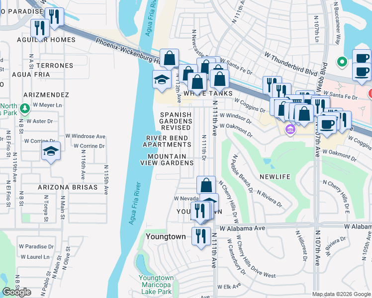 map of restaurants, bars, coffee shops, grocery stores, and more near 12641 North 112th Avenue in Youngtown