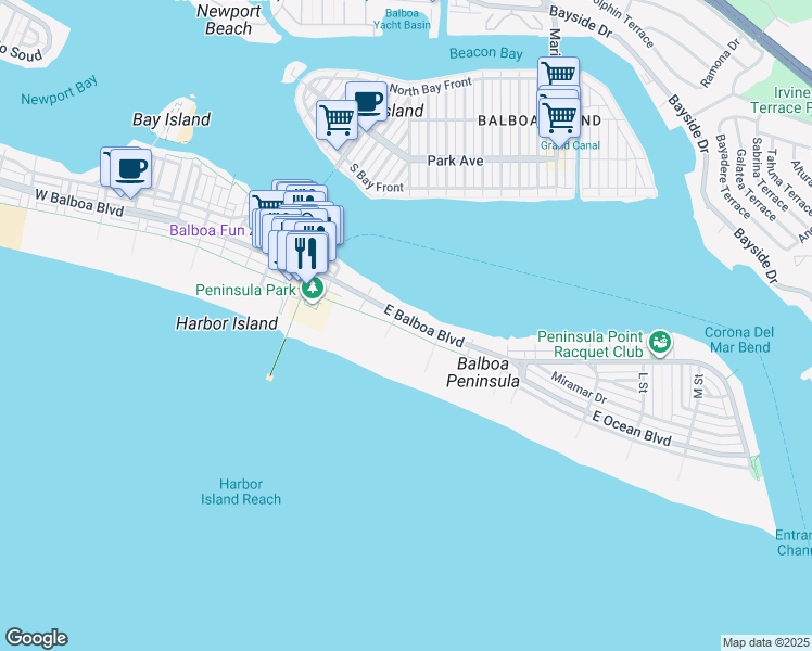 map of restaurants, bars, coffee shops, grocery stores, and more near 1111 East Balboa Boulevard in Newport Beach