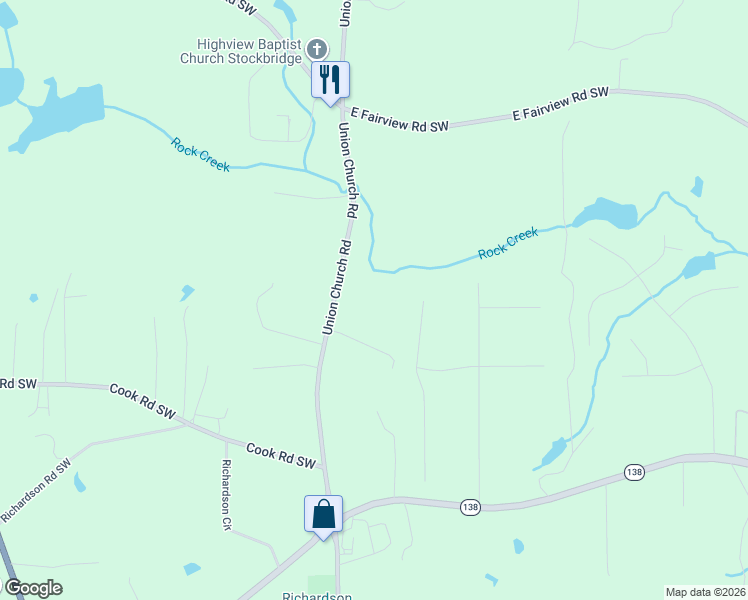 map of restaurants, bars, coffee shops, grocery stores, and more near 3480 Pebble Brook Lane in Stockbridge