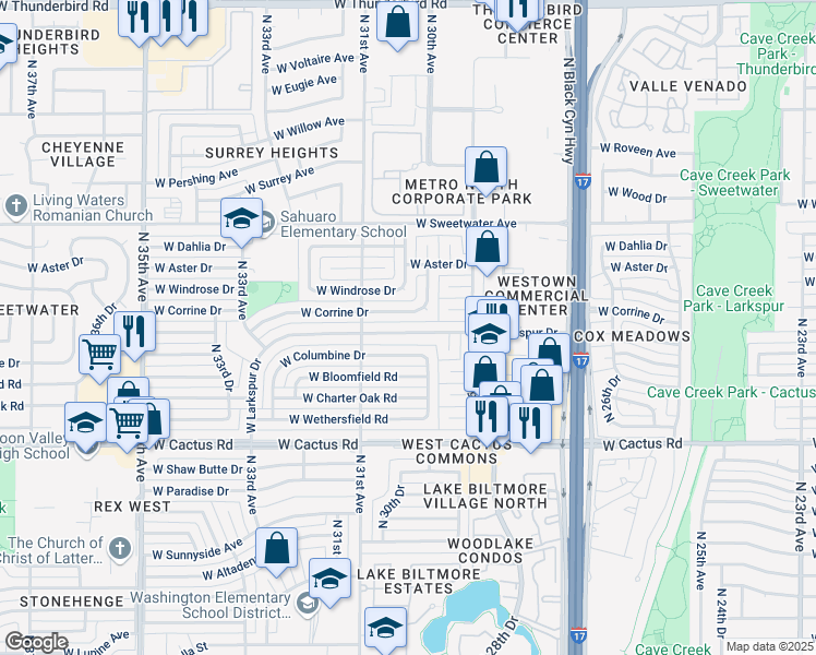 map of restaurants, bars, coffee shops, grocery stores, and more near 3020 West Larkspur Drive in Phoenix