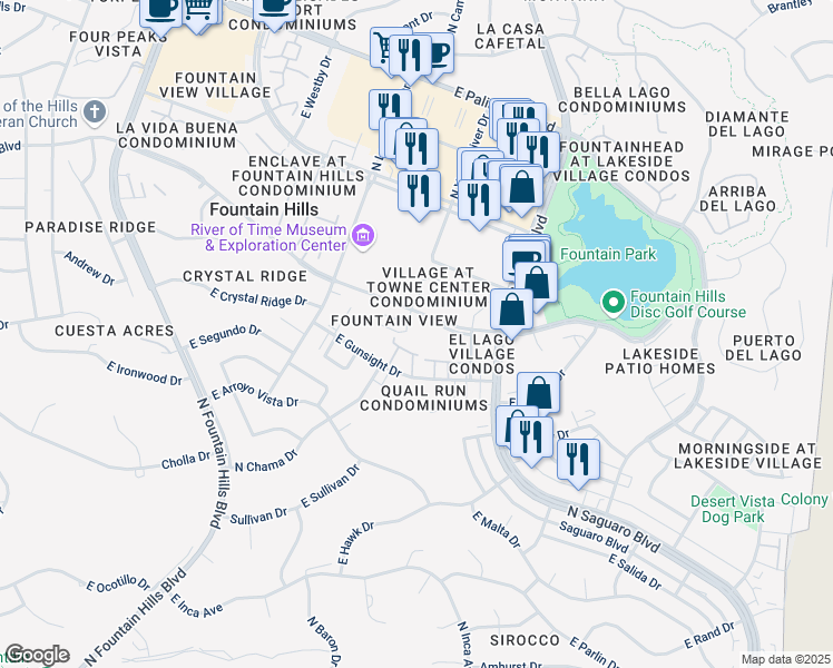 map of restaurants, bars, coffee shops, grocery stores, and more near 16715 East El Lago Boulevard in Fountain Hills