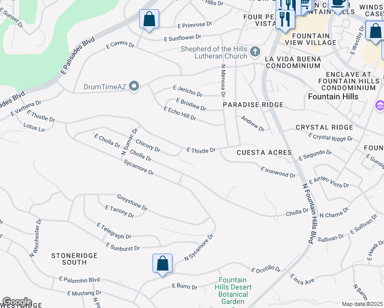 map of restaurants, bars, coffee shops, grocery stores, and more near 15909 East Thistle Drive in Fountain Hills