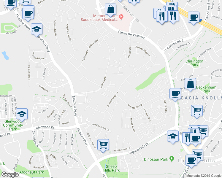 map of restaurants, bars, coffee shops, grocery stores, and more near 572 Avenida Sevilla in Laguna Woods