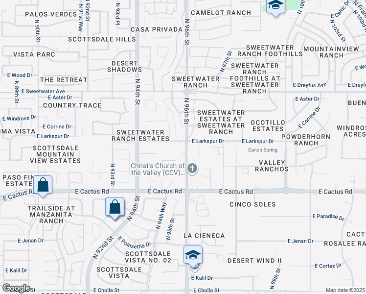 map of restaurants, bars, coffee shops, grocery stores, and more near 9575 East Larkspur Drive in Scottsdale