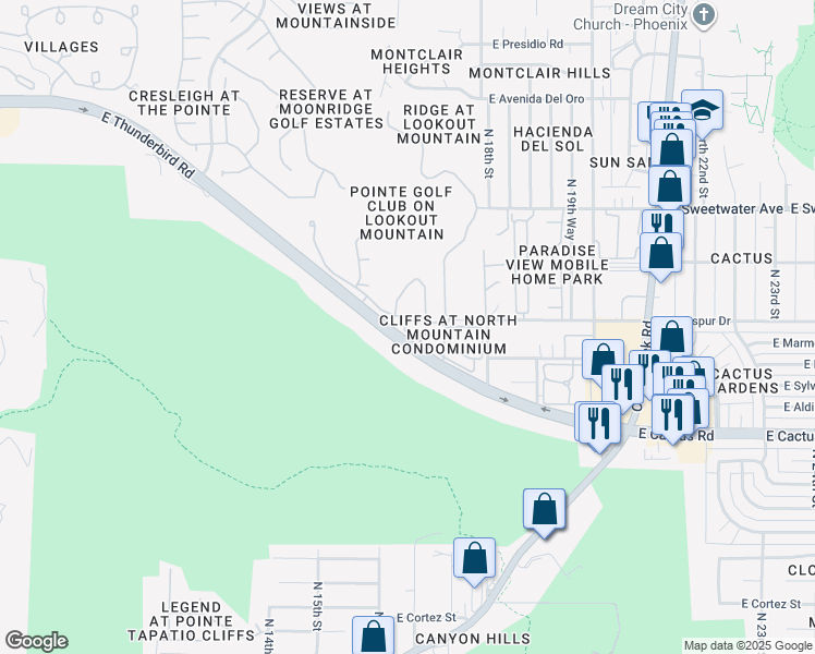 map of restaurants, bars, coffee shops, grocery stores, and more near 1550 East Thunderbird Road in Phoenix