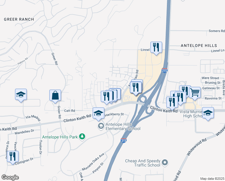 map of restaurants, bars, coffee shops, grocery stores, and more near 27470 Hazelhurst Street in Murrieta