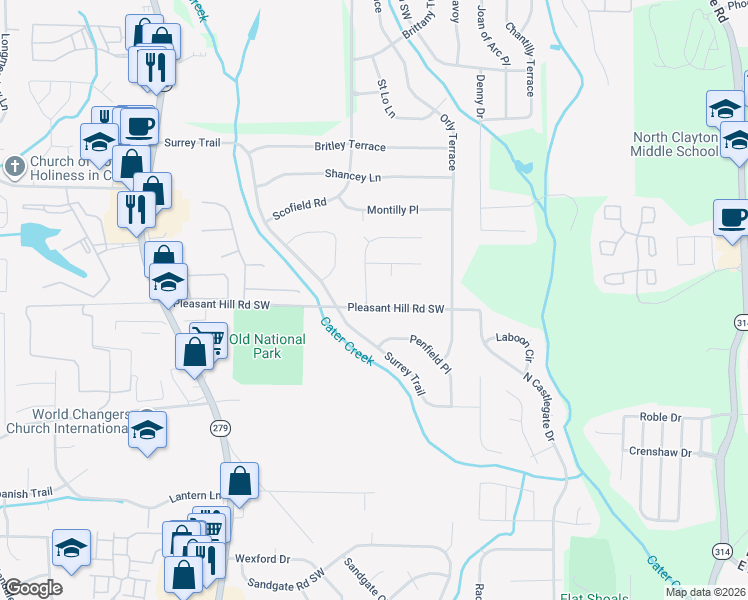 map of restaurants, bars, coffee shops, grocery stores, and more near 5650 Hunters Forest Lane in College Park