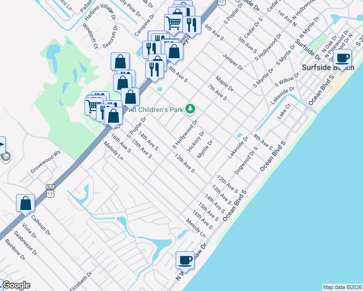 map of restaurants, bars, coffee shops, grocery stores, and more near 1028 Hickory Drive in Surfside Beach