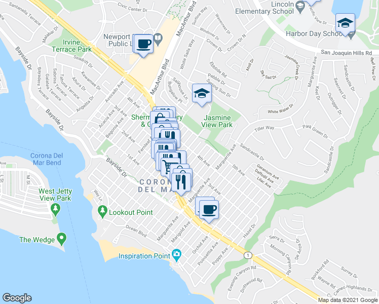map of restaurants, bars, coffee shops, grocery stores, and more near 618 Iris Avenue in Newport Beach