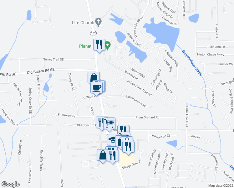 map of restaurants, bars, coffee shops, grocery stores, and more near 208 Salem Glen Way in Conyers
