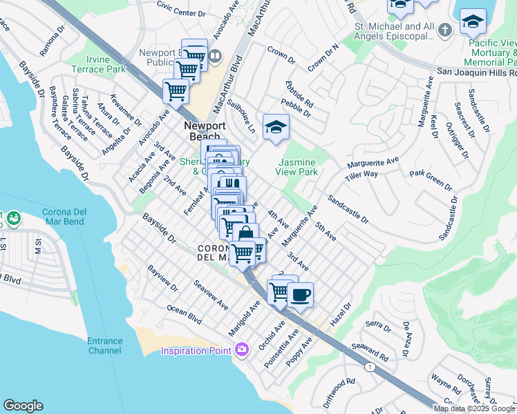 map of restaurants, bars, coffee shops, grocery stores, and more near 618 Iris Avenue in Newport Beach