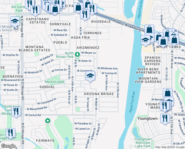 map of restaurants, bars, coffee shops, grocery stores, and more near 11742 North Main Street in El Mirage