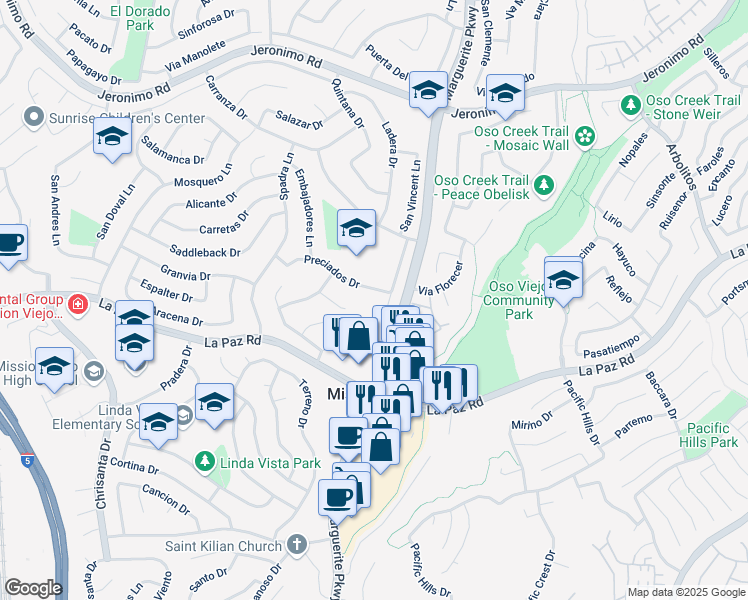 map of restaurants, bars, coffee shops, grocery stores, and more near 26991 Sandalia Circle in Mission Viejo