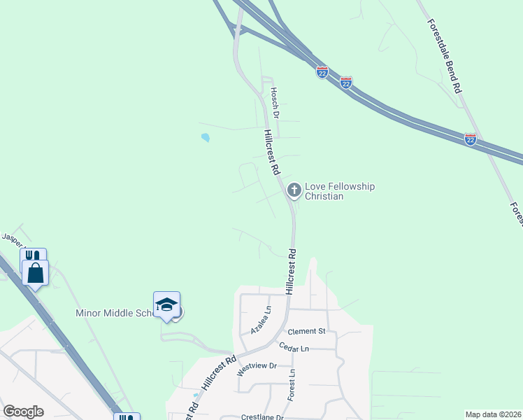 map of restaurants, bars, coffee shops, grocery stores, and more near 3112 Hillcrest Trce in Adamsville