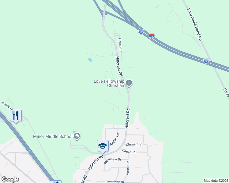 map of restaurants, bars, coffee shops, grocery stores, and more near 3112 Hillcrest Trce in Adamsville