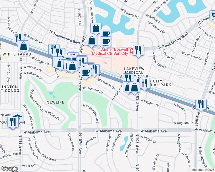 map of restaurants, bars, coffee shops, grocery stores, and more near 339 West Coggins Drive in Sun City