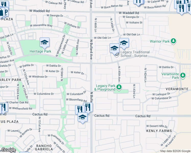 map of restaurants, bars, coffee shops, grocery stores, and more near 14678 West Windrose Drive in Surprise