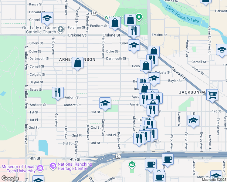 map of restaurants, bars, coffee shops, grocery stores, and more near 2711 Bates Street in Lubbock