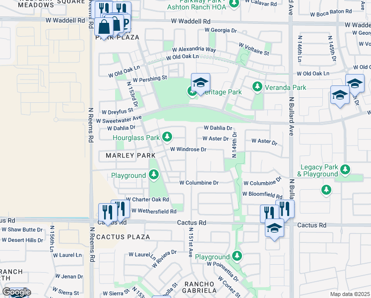 map of restaurants, bars, coffee shops, grocery stores, and more near 15123 West Windrose Drive in Surprise