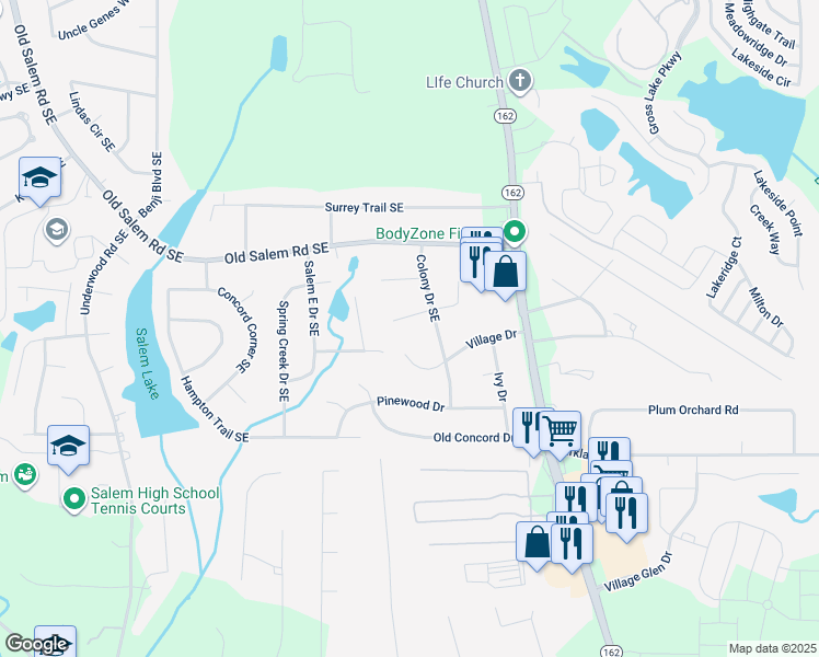 map of restaurants, bars, coffee shops, grocery stores, and more near 2121 West Chester Circle Southeast in Conyers