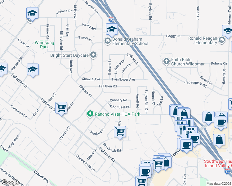 map of restaurants, bars, coffee shops, grocery stores, and more near 23062 Empire Penguin Road in Wildomar