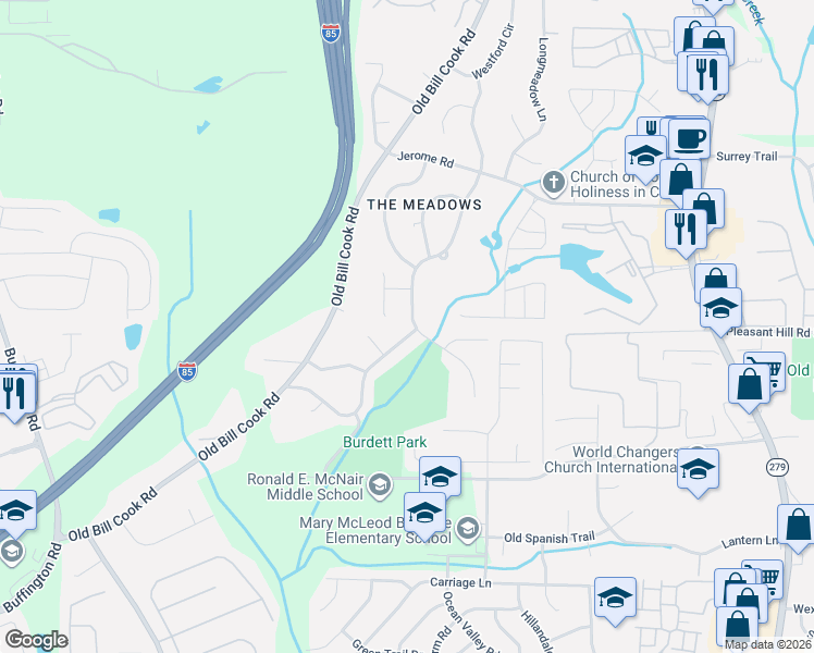 map of restaurants, bars, coffee shops, grocery stores, and more near 2790 The Meadows Way in College Park
