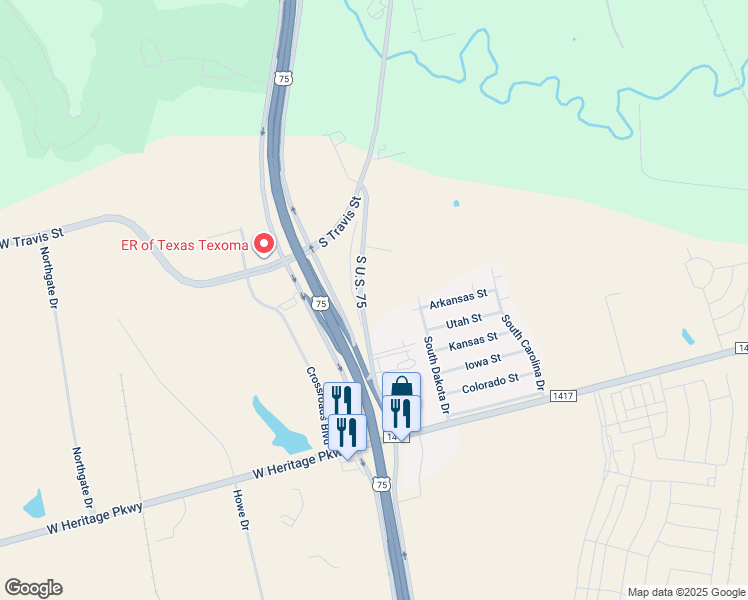 map of restaurants, bars, coffee shops, grocery stores, and more near South U.S. 75 in Sherman