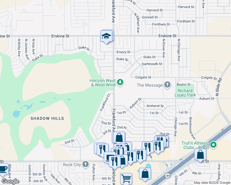 map of restaurants, bars, coffee shops, grocery stores, and more near 114 Frankford Court in Lubbock