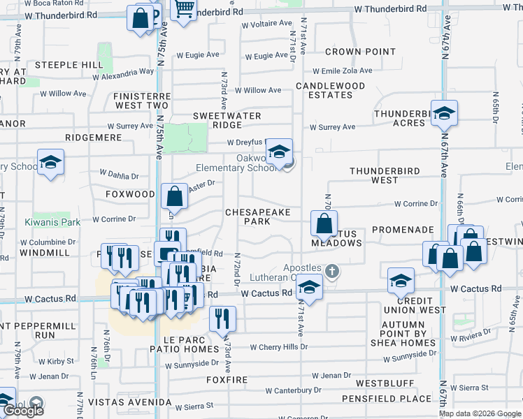 map of restaurants, bars, coffee shops, grocery stores, and more near in Peoria