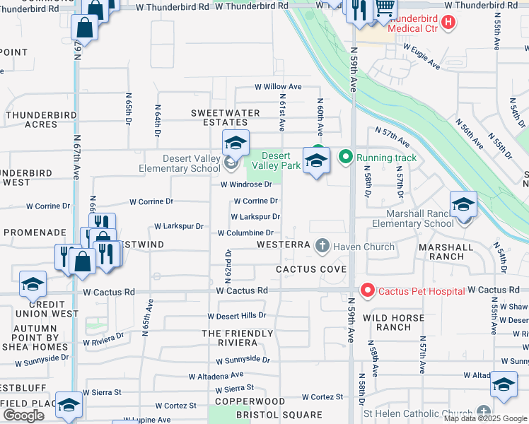 map of restaurants, bars, coffee shops, grocery stores, and more near 6113 West Larkspur Drive in Glendale