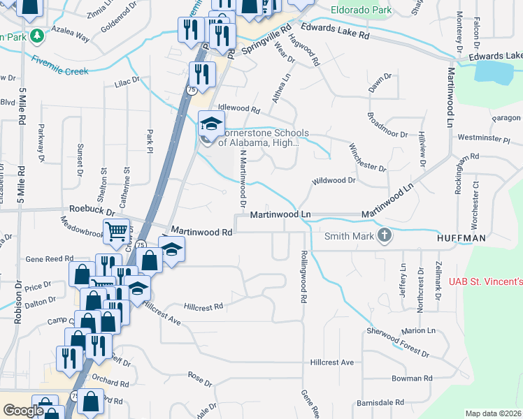 map of restaurants, bars, coffee shops, grocery stores, and more near 828 Martinwood Lane in Birmingham