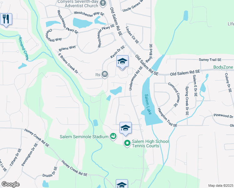 map of restaurants, bars, coffee shops, grocery stores, and more near 1686 Salem Woods Drive Southeast in Conyers
