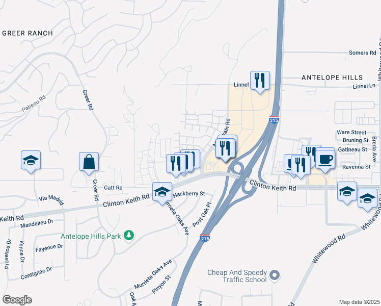 map of restaurants, bars, coffee shops, grocery stores, and more near 27494 Hazelhurst Street in Murrieta