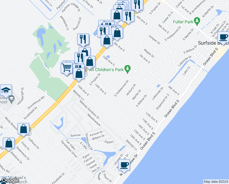 map of restaurants, bars, coffee shops, grocery stores, and more near 612 13th Avenue South in Surfside Beach