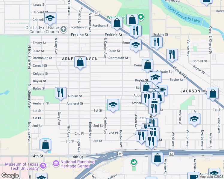 map of restaurants, bars, coffee shops, grocery stores, and more near 2711 Bates Street in Lubbock