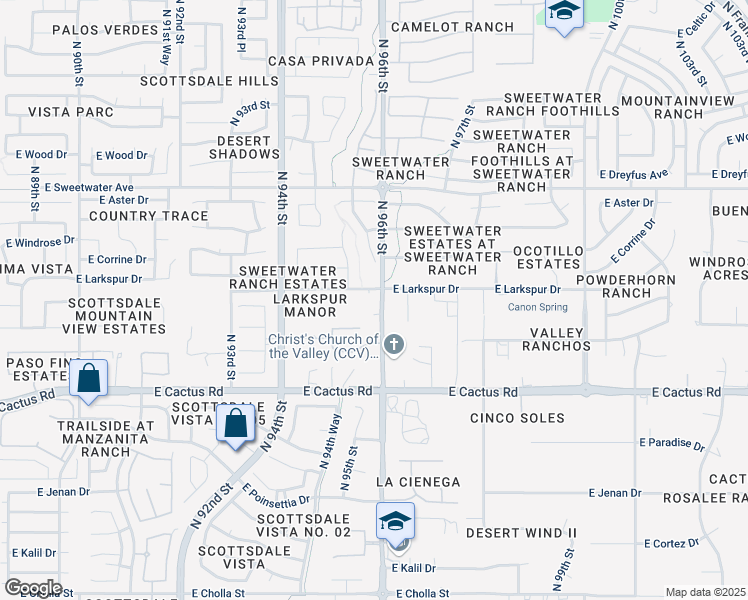 map of restaurants, bars, coffee shops, grocery stores, and more near 9575 East Larkspur Drive in Scottsdale
