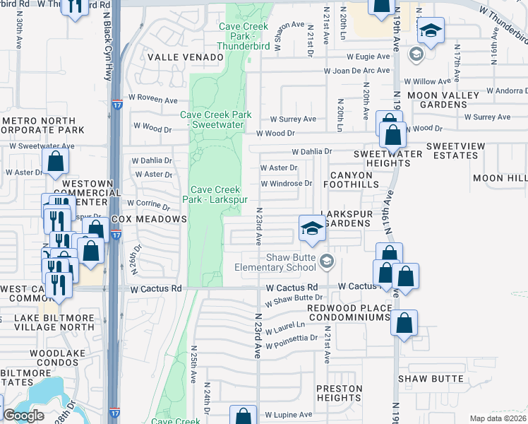 map of restaurants, bars, coffee shops, grocery stores, and more near 2229 West Larkspur Drive in Phoenix