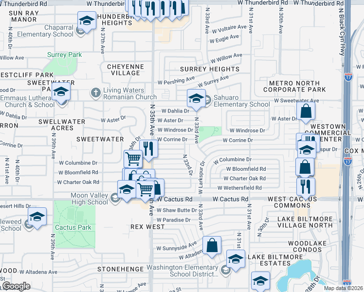 map of restaurants, bars, coffee shops, grocery stores, and more near 12459 North 33rd Drive in Phoenix