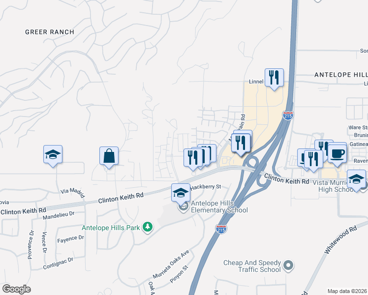 map of restaurants, bars, coffee shops, grocery stores, and more near 27400 Clarise Lane in Murrieta