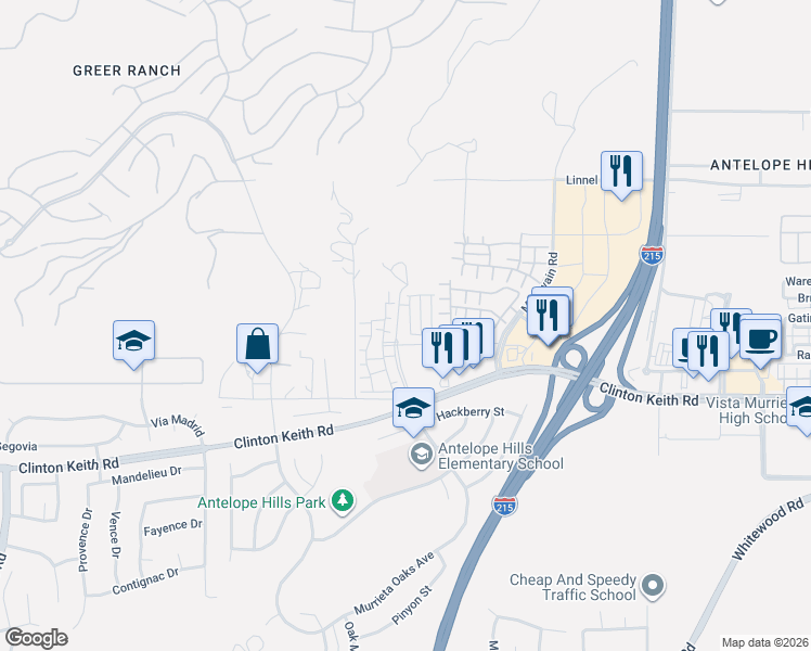 map of restaurants, bars, coffee shops, grocery stores, and more near 27400 Clarise Lane in Murrieta