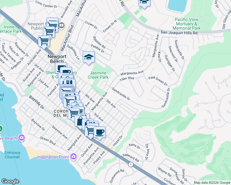 map of restaurants, bars, coffee shops, grocery stores, and more near 866 Sandcastle Drive in Newport Beach