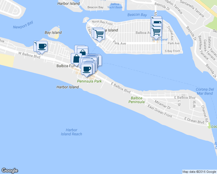 map of restaurants, bars, coffee shops, grocery stores, and more near 1015 East Balboa Boulevard in Newport Beach