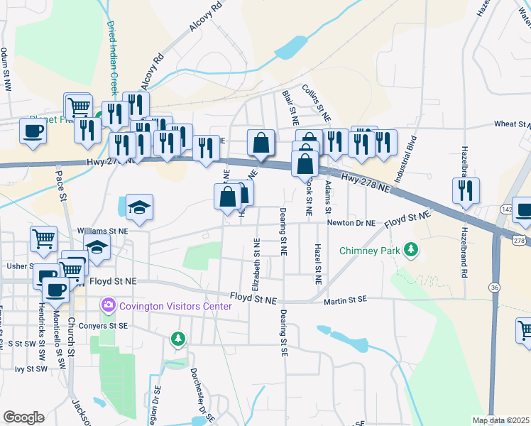 map of restaurants, bars, coffee shops, grocery stores, and more near 4195 Newton Drive Northeast in Covington