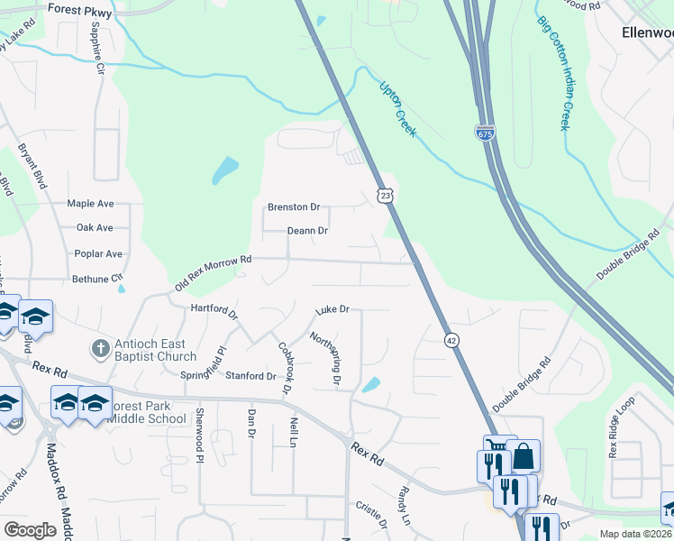map of restaurants, bars, coffee shops, grocery stores, and more near 2685 Old Rex Morrow Road in Ellenwood