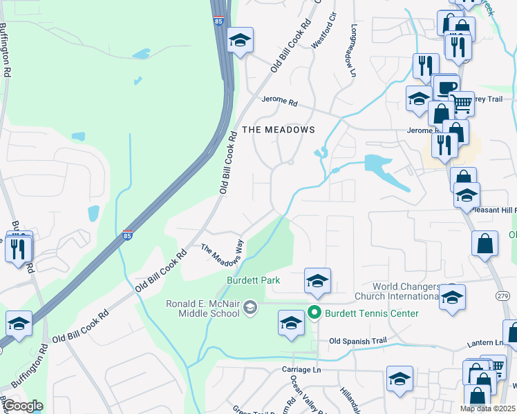 map of restaurants, bars, coffee shops, grocery stores, and more near 5690 Deerfield Court in College Park