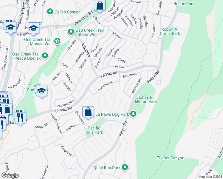 map of restaurants, bars, coffee shops, grocery stores, and more near 25091 Cheshire in Mission Viejo