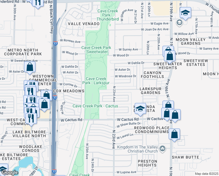 map of restaurants, bars, coffee shops, grocery stores, and more near 2309 West Larkspur Drive in Phoenix