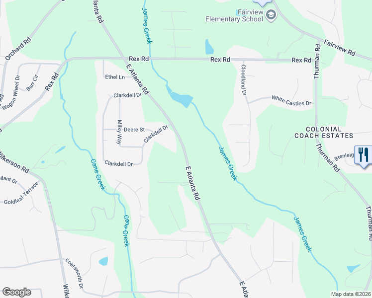 map of restaurants, bars, coffee shops, grocery stores, and more near 2122 East Atlanta Road in Stockbridge
