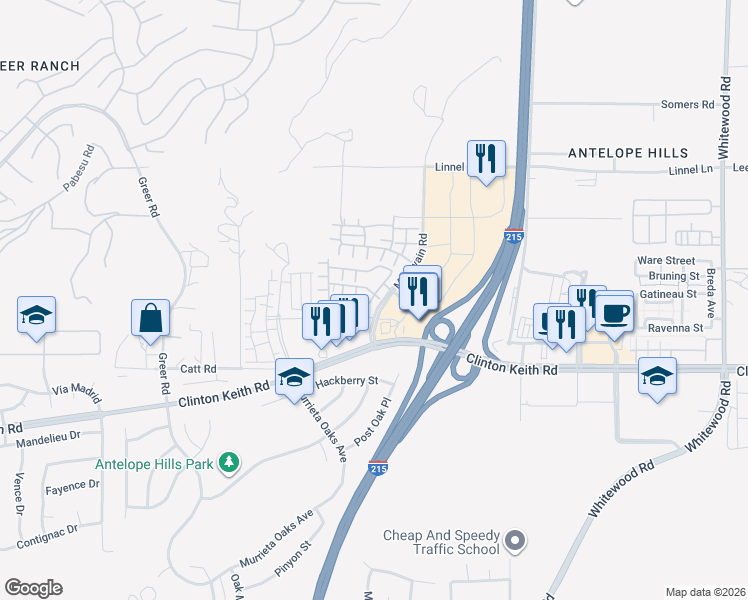 map of restaurants, bars, coffee shops, grocery stores, and more near 27571 Darrington Avenue in Murrieta